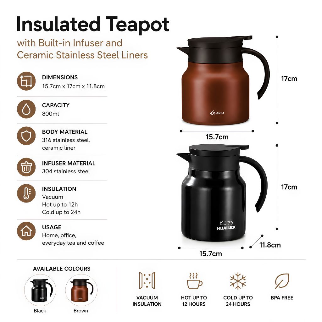 Thermoskan met Theezeef 800ml Dubbelwandig Rvs Keramiek Warmhoudkan Theekan Koffiekan Theepot Isoleerkan