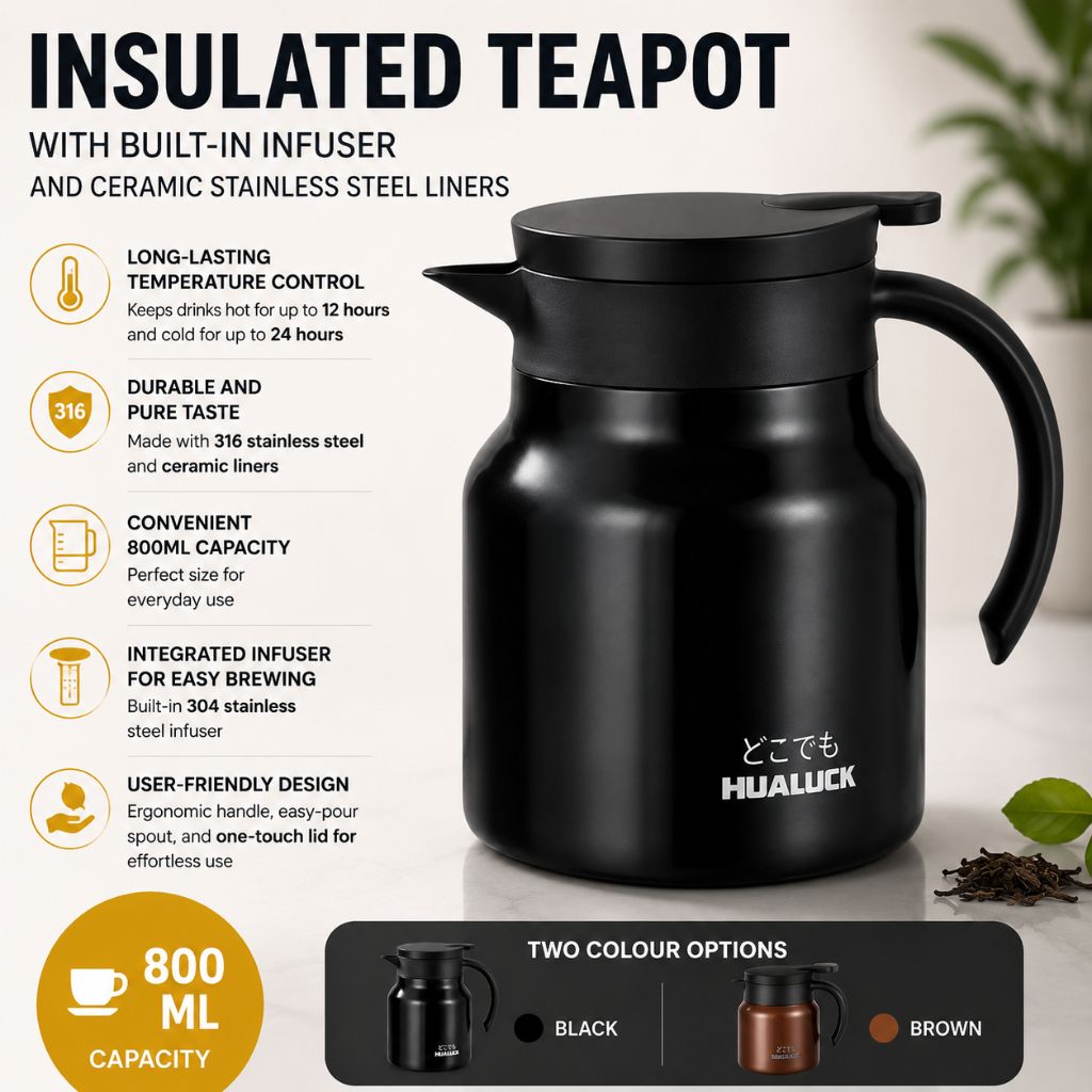 Thermoskan met Theezeef 800ml Dubbelwandig Rvs Keramiek Warmhoudkan Theekan Koffiekan Theepot Isoleerkan