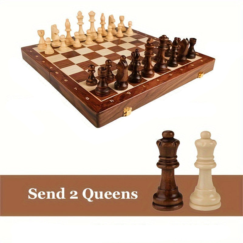 Schaakspel Massief Hout 40x40 cm Opvouwbaar met Opbergvak Donkerbruin Handgesneden Stukken Strategiespel