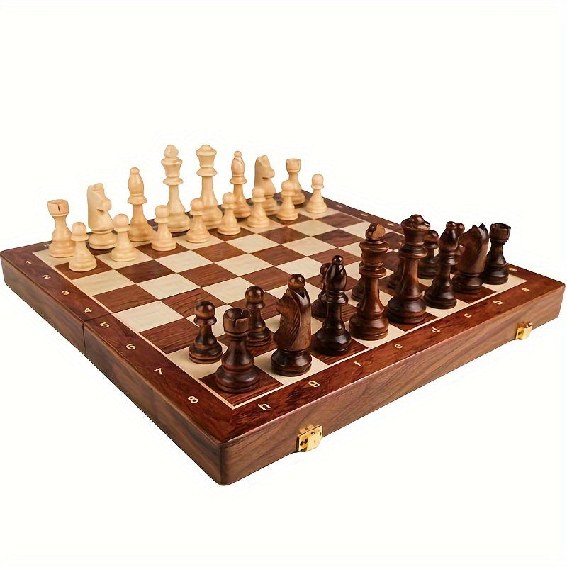Schaakspel Massief Hout 40x40 cm Opvouwbaar met Opbergvak Donkerbruin Handgesneden Stukken Strategiespel