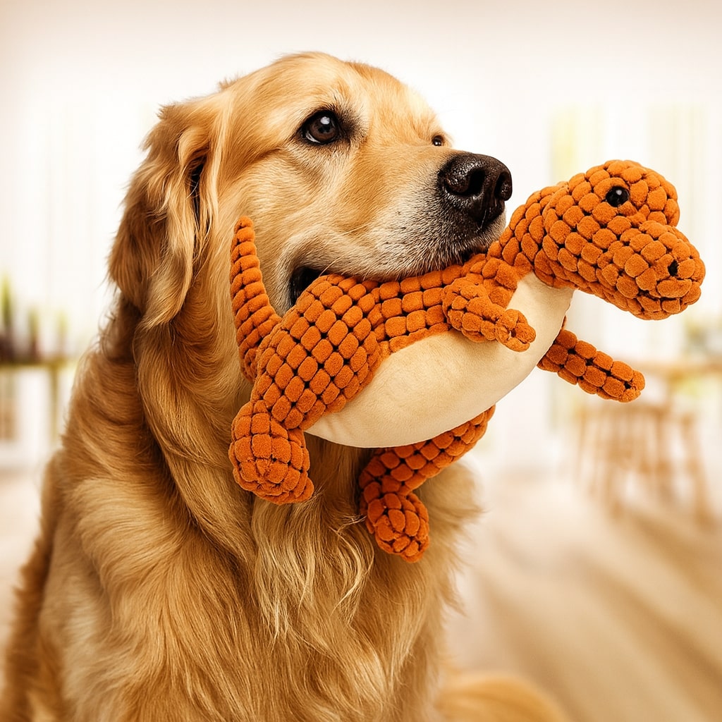 Pluche Hondenspeelgoed Dinosaurus - Stevig Interactief Kauwspeelgoed met Piep voor Kleine Honden - Oranje Bruin Groen