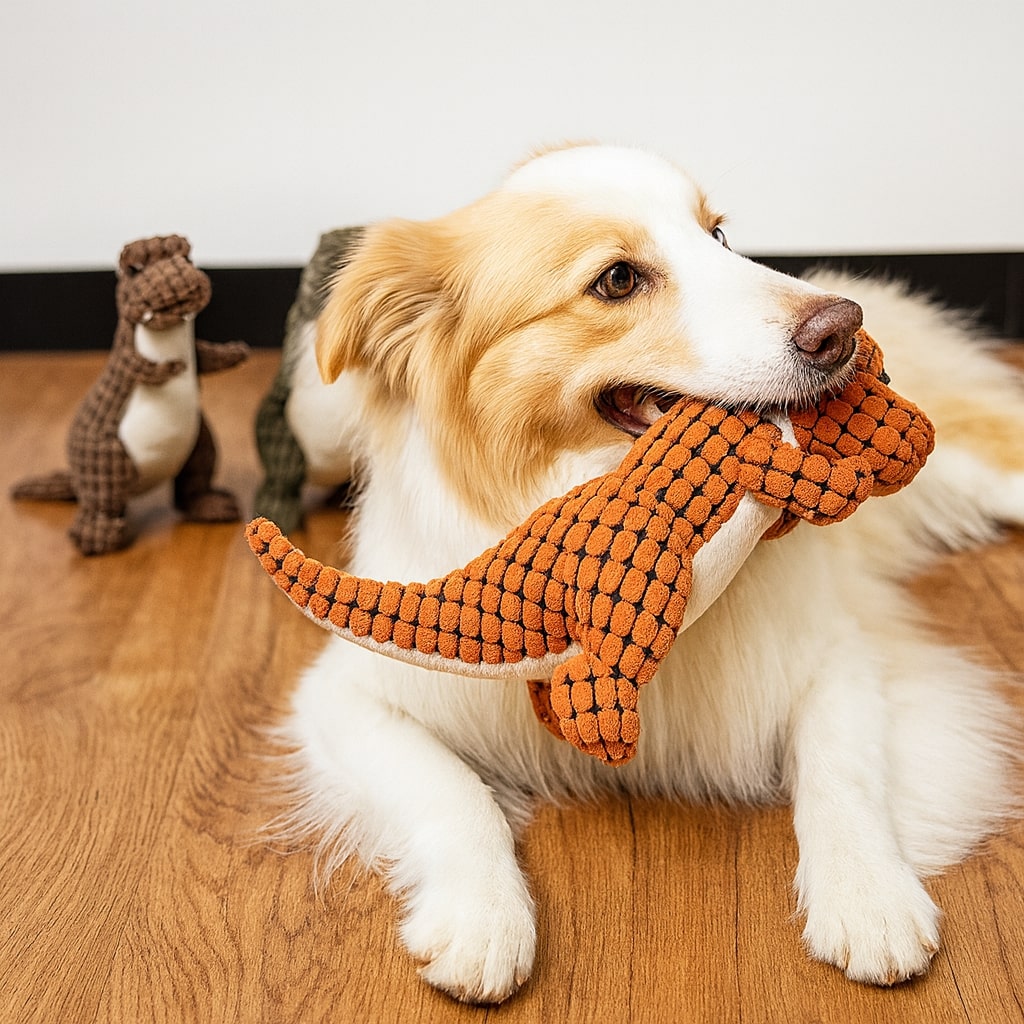 Pluche Hondenspeelgoed Dinosaurus - Stevig Interactief Kauwspeelgoed met Piep voor Kleine Honden - Oranje Bruin Groen