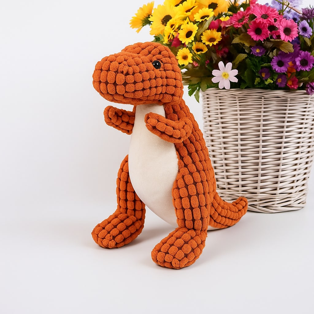 Pluche Hondenspeelgoed Dinosaurus - Stevig Interactief Kauwspeelgoed met Piep voor Kleine Honden - Oranje Bruin Groen