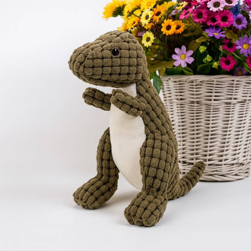 Pluche Hondenspeelgoed Dinosaurus - Stevig Interactief Kauwspeelgoed met Piep voor Kleine Honden - Oranje Bruin Groen