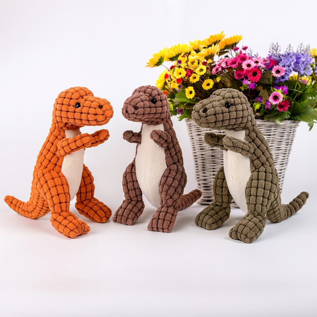Pluche Hondenspeelgoed Dinosaurus - Stevig Interactief Kauwspeelgoed met Piep voor Kleine Honden - Oranje Bruin Groen