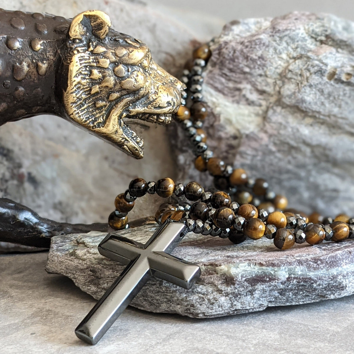 Natuursteen Rozenkrans Ketting met Kruis Hanger voor Mannen Zwart Blauw Groen Grijs