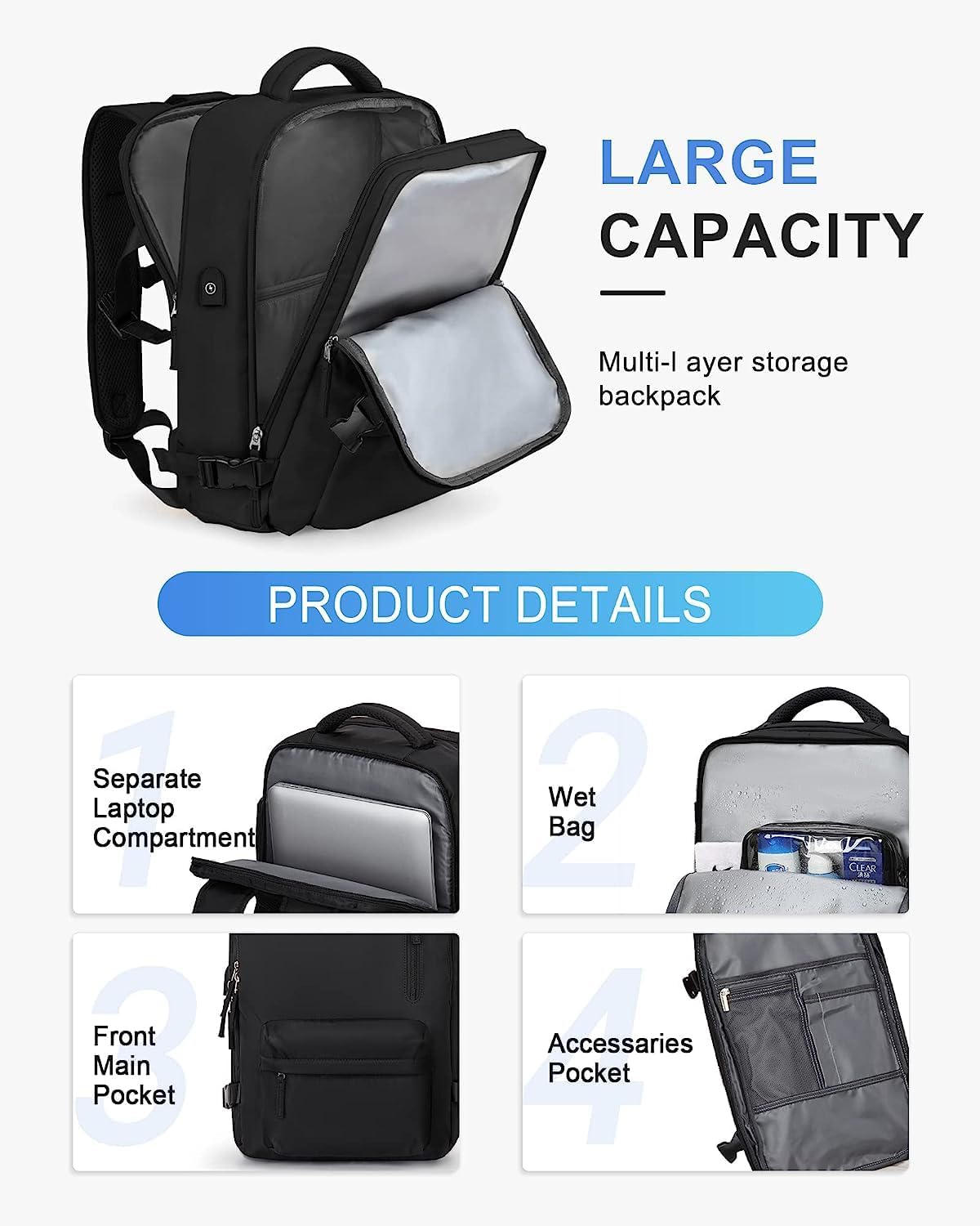 Waterbestendige Reistas 40L met Schoenenvak en USB-Poort - Geschikt voor Laptops tot 35,56 cm