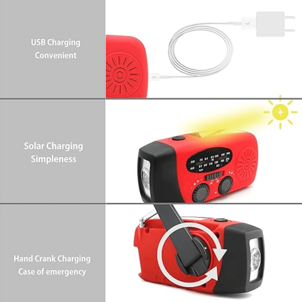 Noodradio met Zaklamp en Oplader | Handdynamo, Zonne-energie & USB