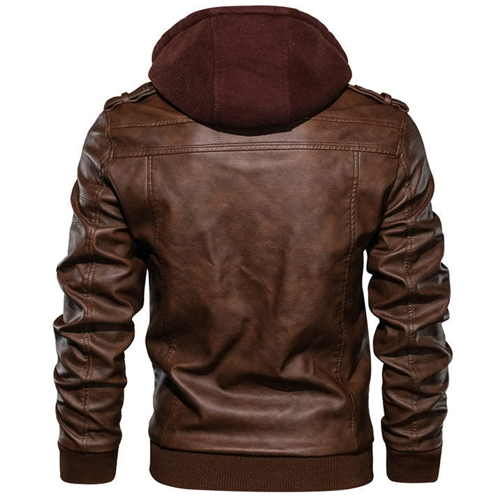 Leren Herenjack met Afneembare Capuchon Cognacbruin Premium Kunstleer Waterafstotend voor Herfst Winter