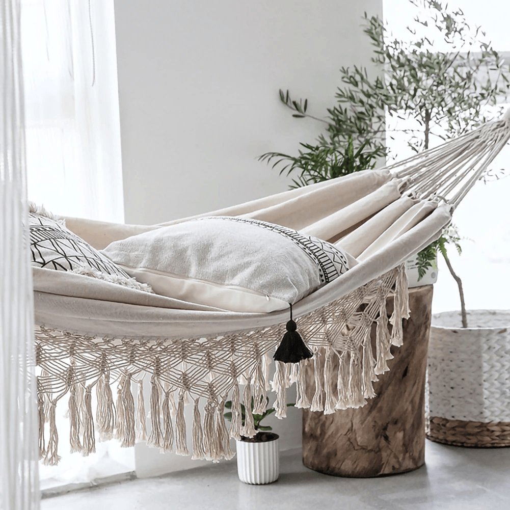 Handgeweven Hangmat Katoenen Touw Boho-Stijl Tweepersoons Draagbaar 200x150cm