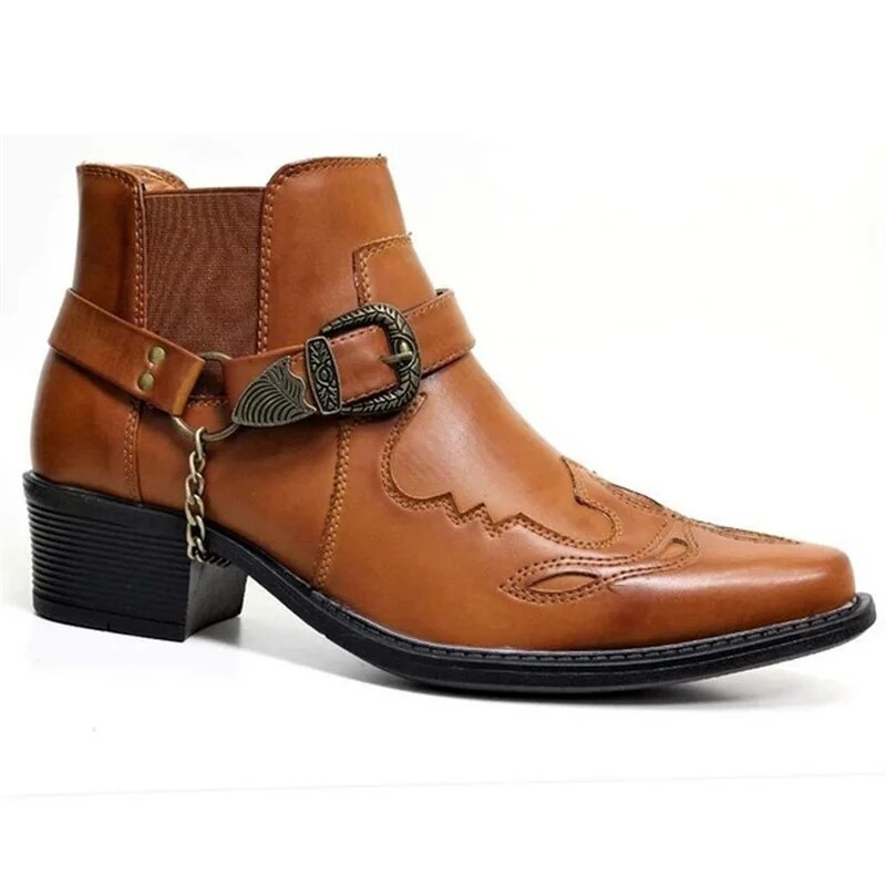 Stoere Herenlaarzen met Ketting Western Biker Stijl Zwart Bruin Geel Spitse Neus Leer Elastiek Comfort