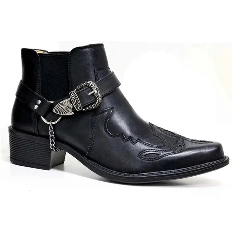 Stoere Herenlaarzen met Ketting Western Biker Stijl Zwart Bruin Geel Spitse Neus Leer Elastiek Comfort