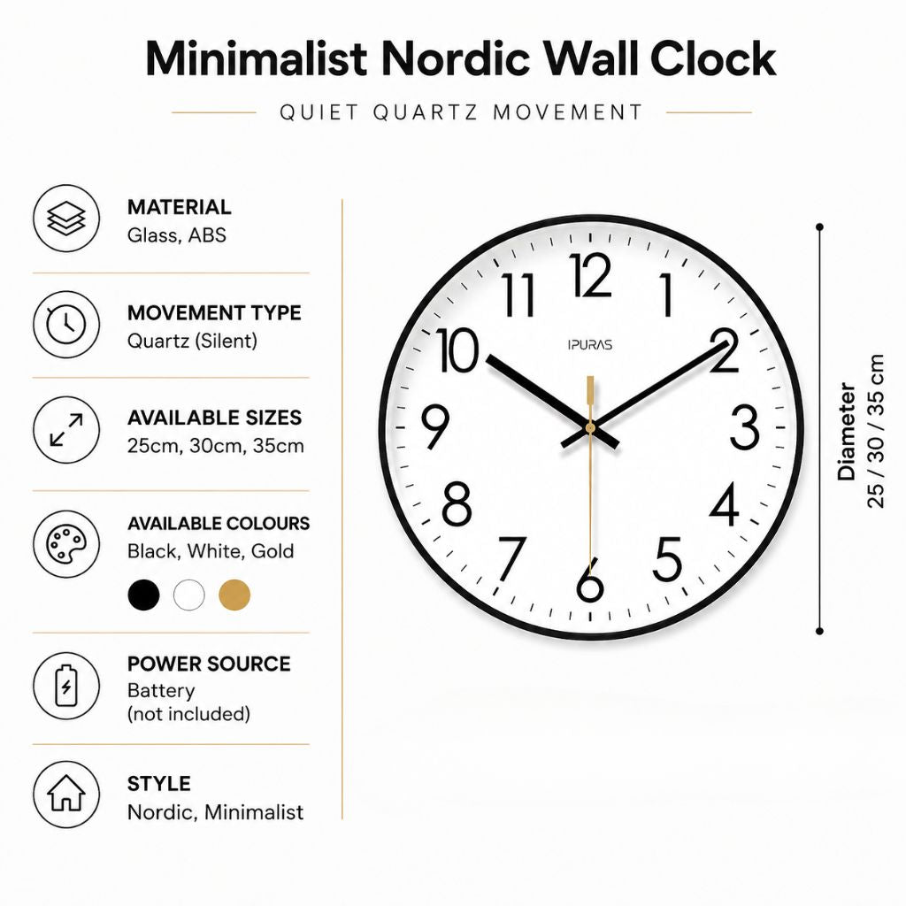 Stille Wandklok Scandinavisch Ontwerp 25-35cm Zwart Wit Goud Kwartsmechanisme Woonkamer Slaapkamer Decoratie