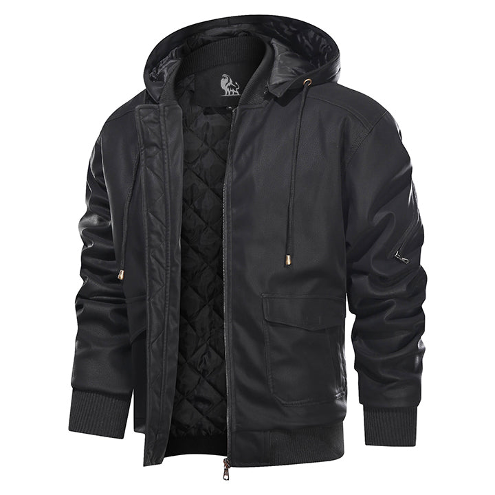 Leren Herenjas met Afneembare Capuchon Zwart Waterbestendig Kunstleer Biker Jacket voor Herfst Winter