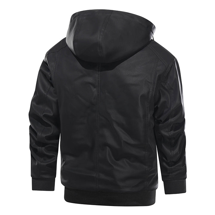 Leren Herenjas met Afneembare Capuchon Zwart Waterbestendig Kunstleer Biker Jacket voor Herfst Winter