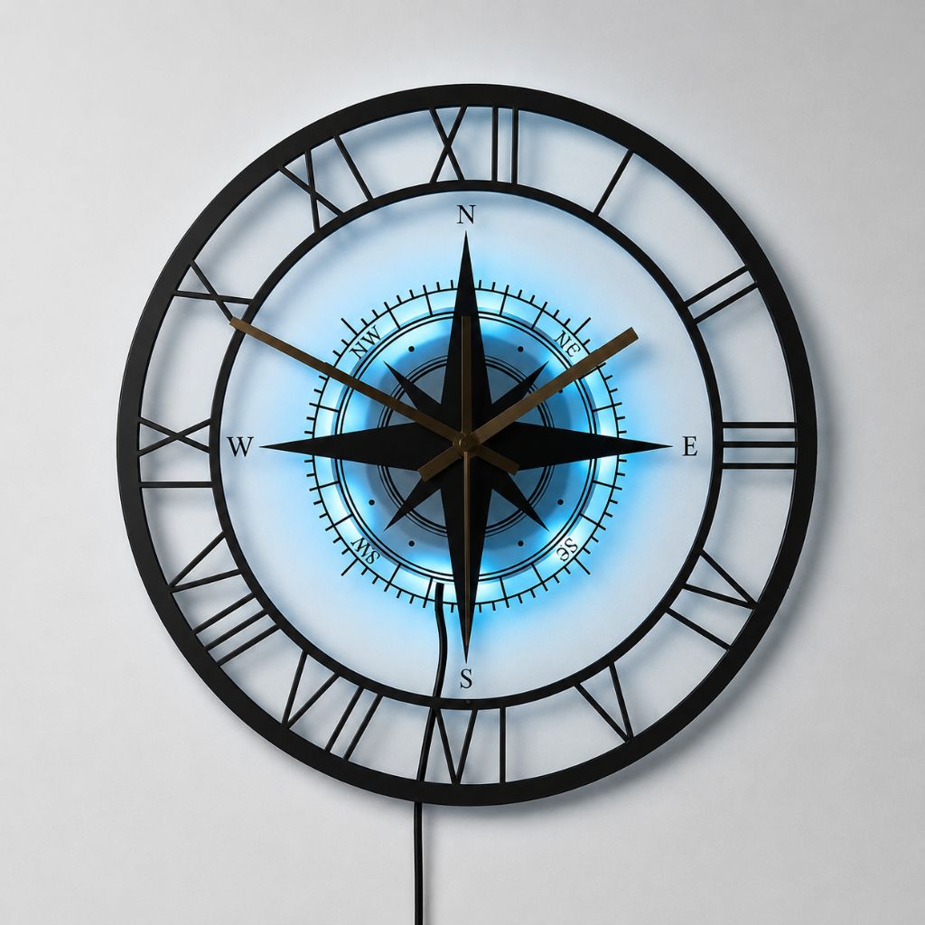 Wandklok Kompas Transparant 30cm Stil Uurwerk Maritiem Design Windstreek Decoratie Woonkamer Keuken Nautisch