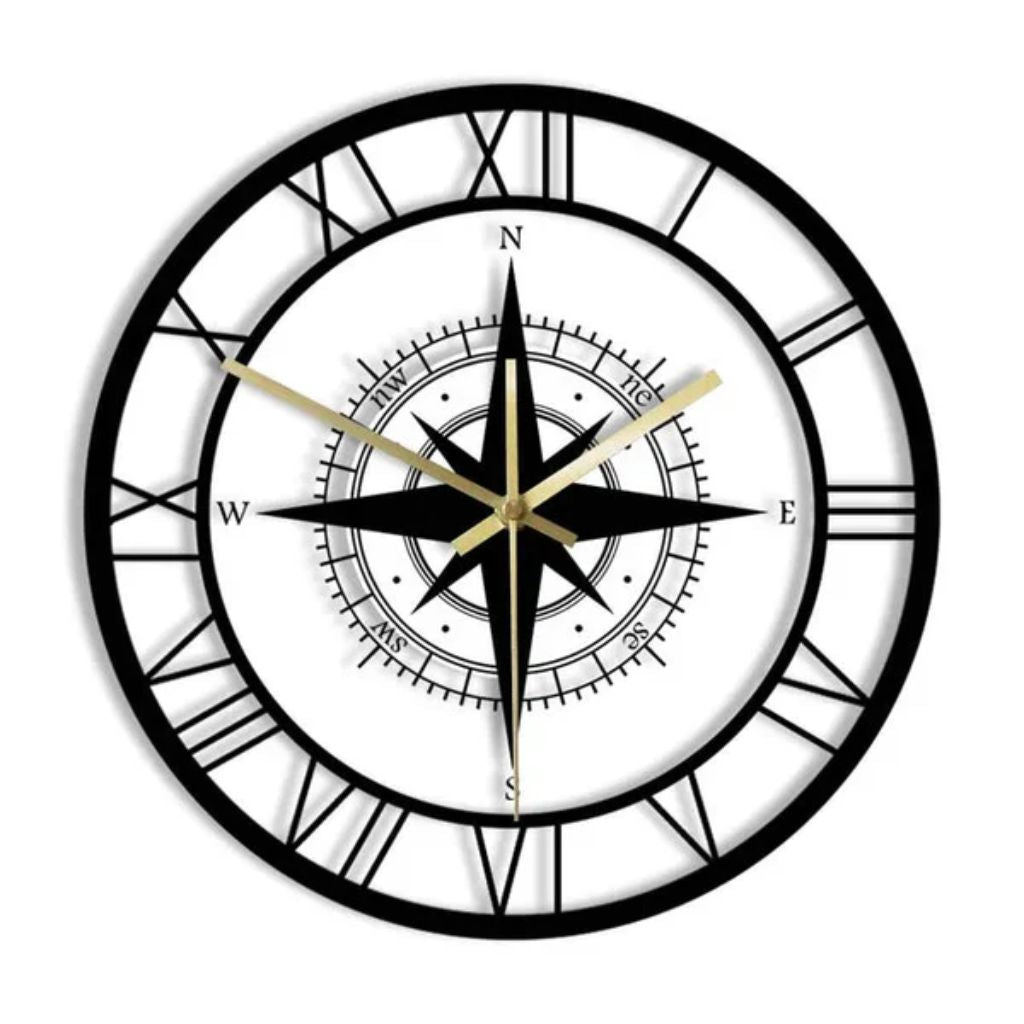 Wandklok Kompas Transparant 30cm Stil Uurwerk Maritiem Design Windstreek Decoratie Woonkamer Keuken Nautisch