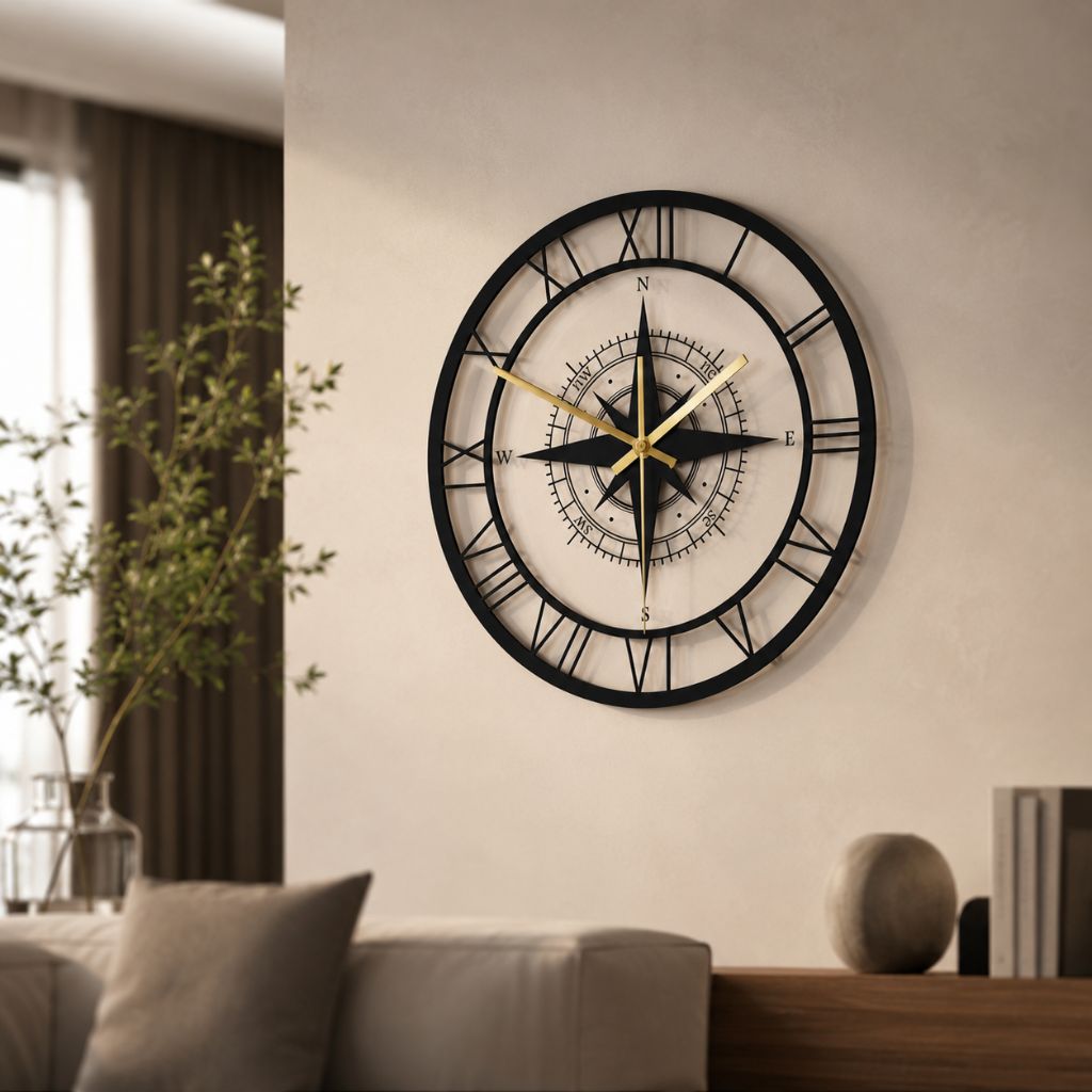 Wandklok Kompas Transparant 30cm Stil Uurwerk Maritiem Design Windstreek Decoratie Woonkamer Keuken Nautisch