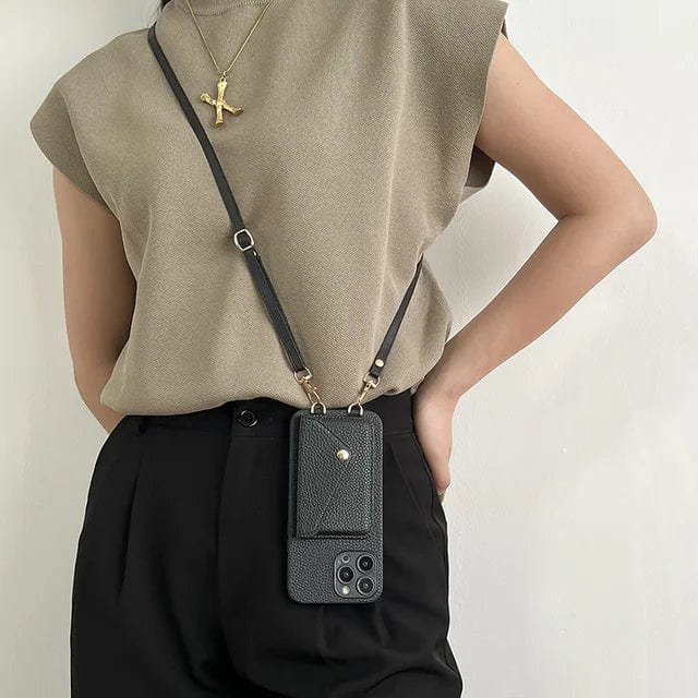Crossbody Telefoonhouder Leer met Kaarthouder Schouderband Polsband Magnetisch Slot Handsfree Mobiel