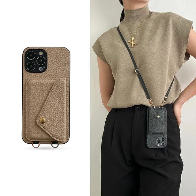 Crossbody Telefoonhouder Leer met Kaarthouder Schouderband Polsband Magnetisch Slot Handsfree Mobiel