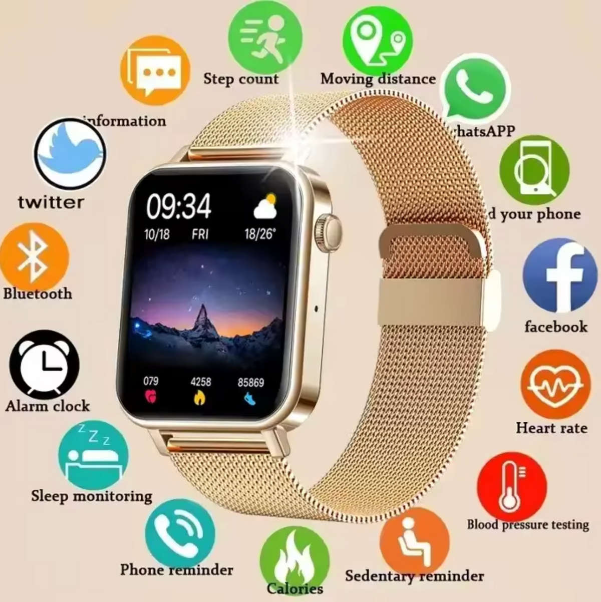 Dames Smartwatch Metalen Band Hartslagmeter Stappenteller Slaapanalyse Bloeddrukmeting Fitness Tracker