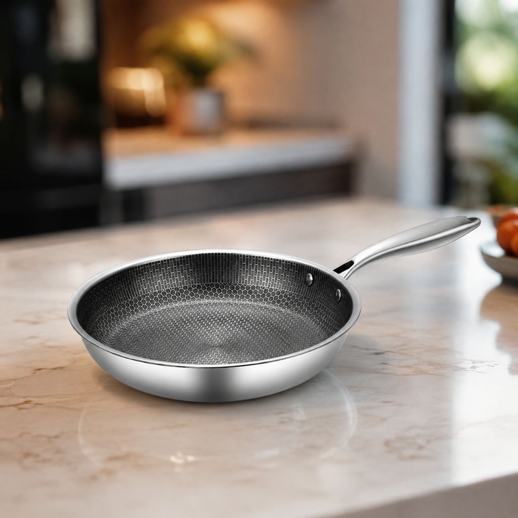 Antiaanbak Koekenpan RVS 30cm Honingraatpatroon Inductie Vaatwasserbestendig Ergonomische Greep Keuken