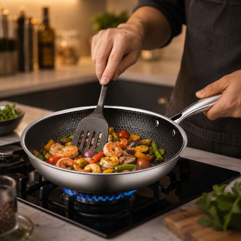 Antiaanbak Koekenpan RVS 30cm Honingraatpatroon Inductie Vaatwasserbestendig Ergonomische Greep Keuken