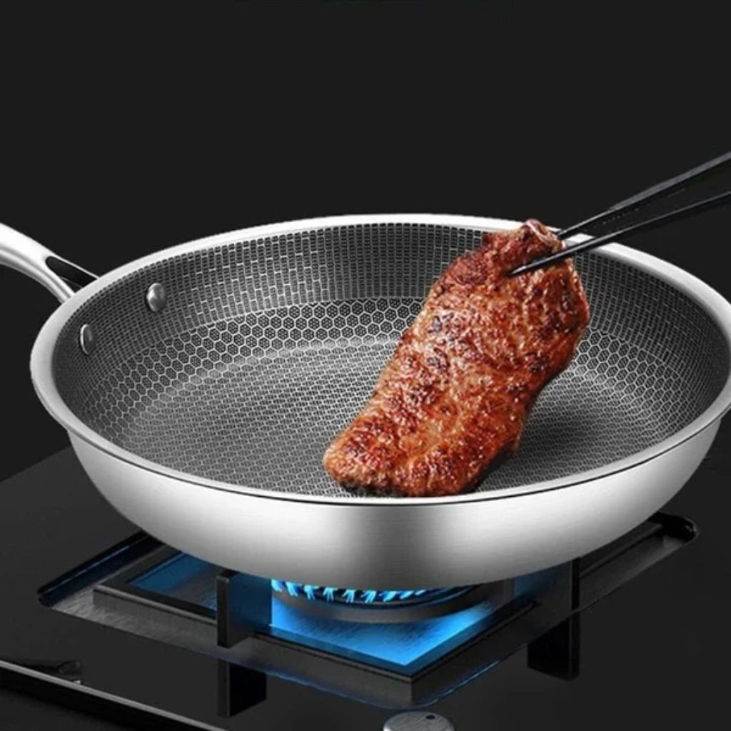 Antiaanbak Koekenpan RVS 30cm Honingraatpatroon Inductie Vaatwasserbestendig Ergonomische Greep Keuken