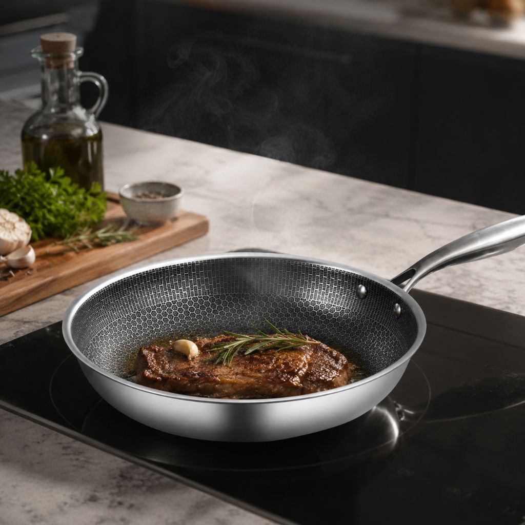 Antiaanbak Koekenpan RVS 30cm Honingraatpatroon Inductie Vaatwasserbestendig Ergonomische Greep Keuken