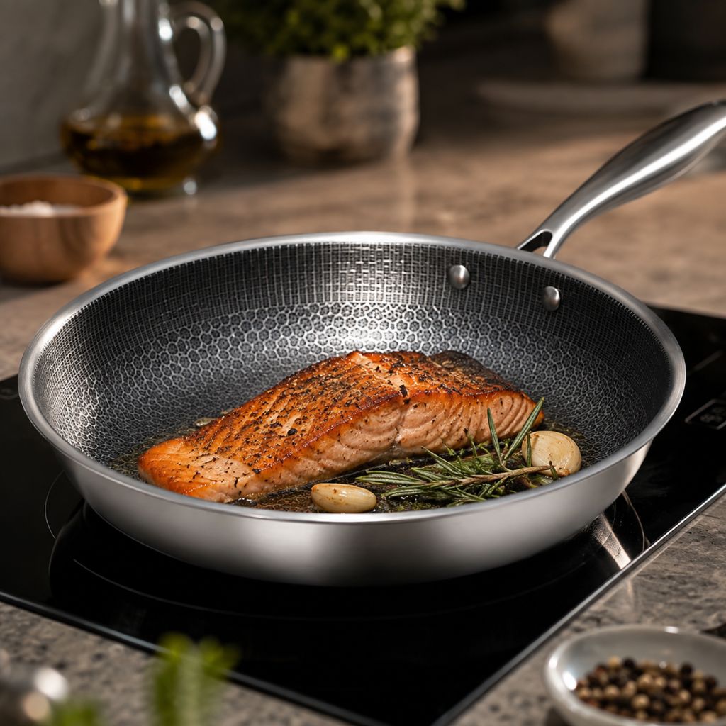 Antiaanbak Koekenpan RVS 30cm Honingraatpatroon Inductie Vaatwasserbestendig Ergonomische Greep Keuken