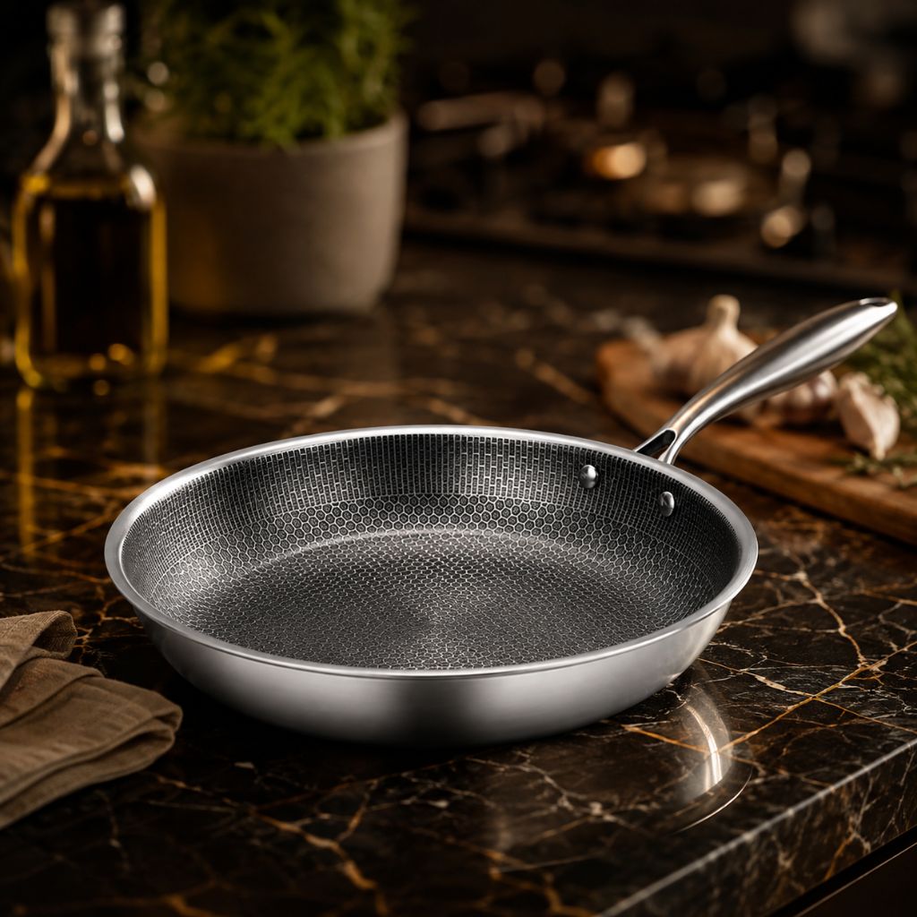 Antiaanbak Koekenpan RVS 30cm Honingraatpatroon Inductie Vaatwasserbestendig Ergonomische Greep Keuken