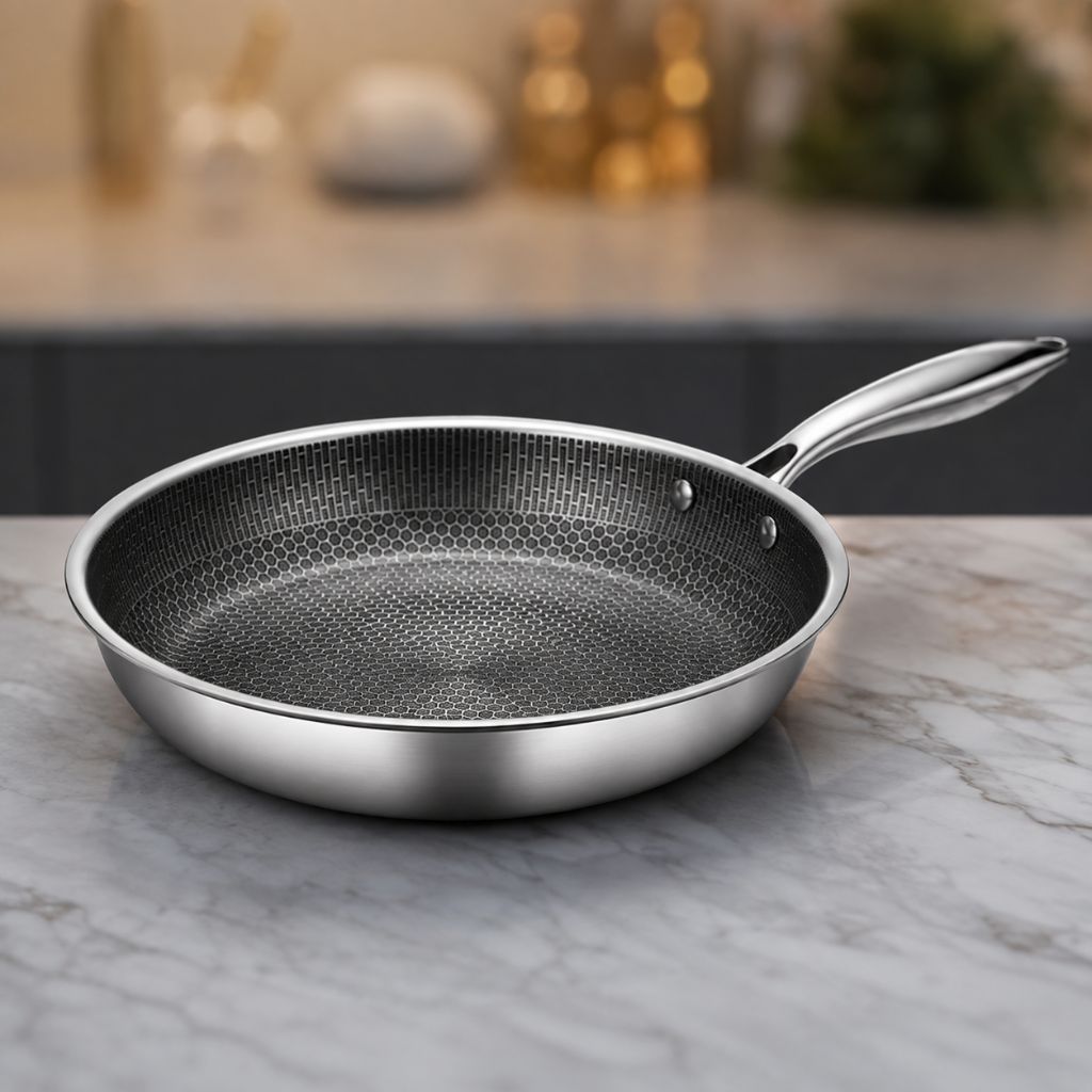 Antiaanbak Koekenpan RVS 30cm Honingraatpatroon Inductie Vaatwasserbestendig Ergonomische Greep Keuken