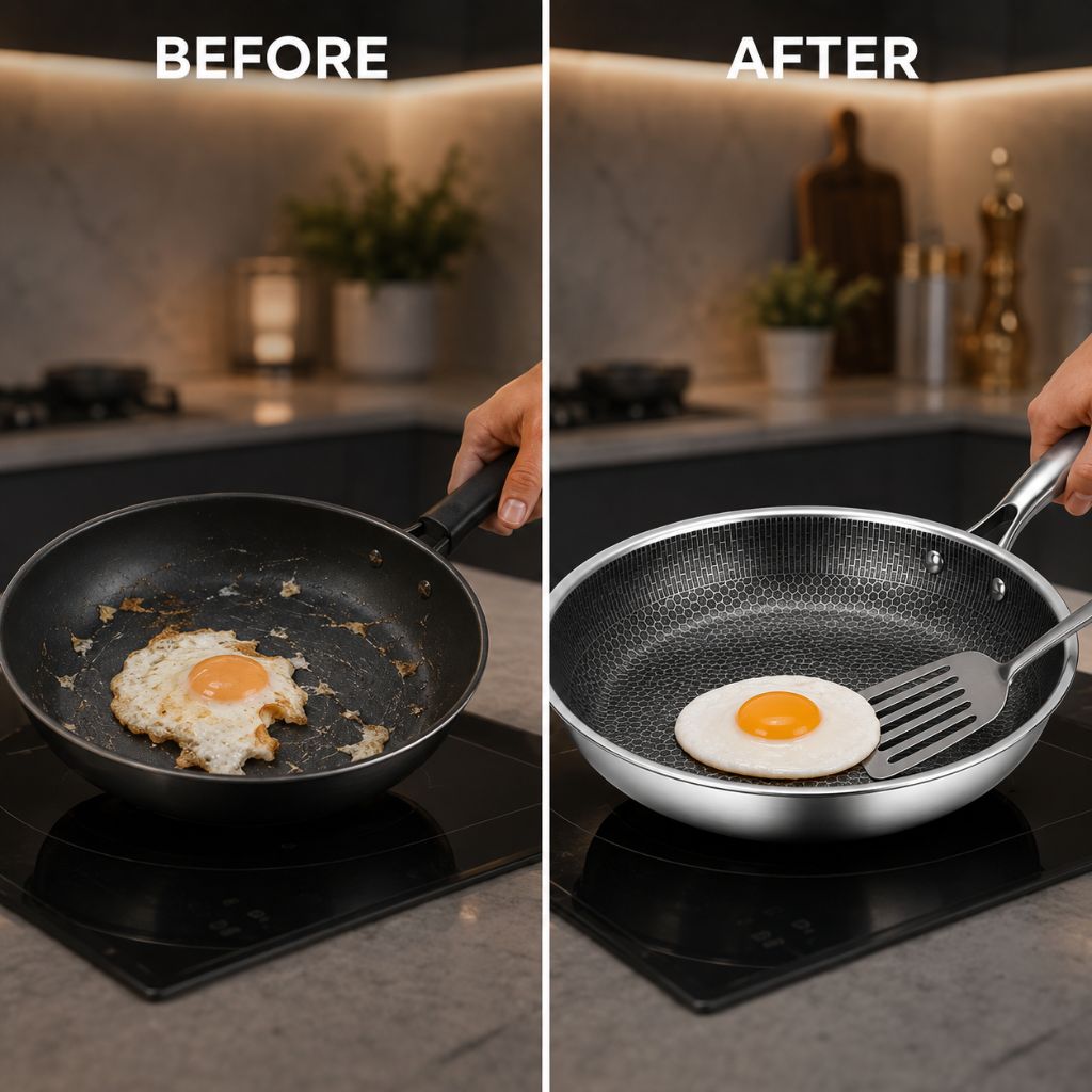 Antiaanbak Koekenpan RVS 30cm Honingraatpatroon Inductie Vaatwasserbestendig Ergonomische Greep Keuken