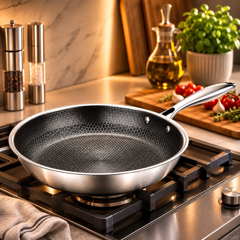 Antiaanbak Koekenpan RVS 30cm Honingraatpatroon Inductie Vaatwasserbestendig Ergonomische Greep Keuken