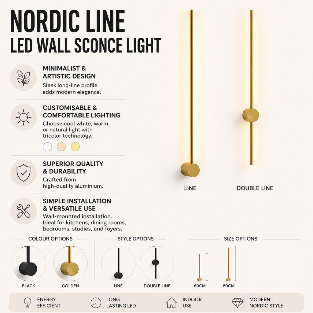 Minimalistische LED Wandlamp Aluminium 60-80cm Zwart Goud Woonkamer Slaapkamer Hal Modern Strak Design
