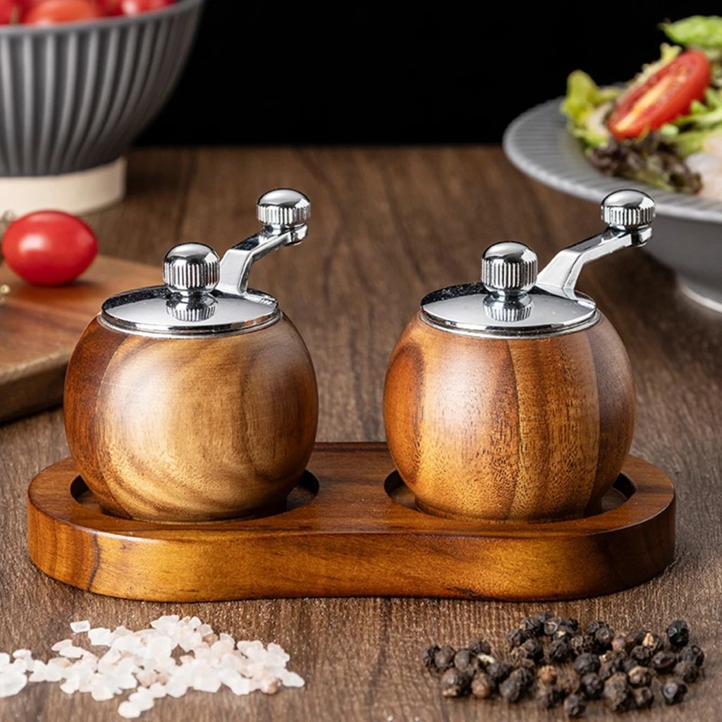 Peper- en Zoutmolen Set Hout met Bol-Maalwerk en Standaard voor Tafel Keuken Eetkamer Scandinavisch Design