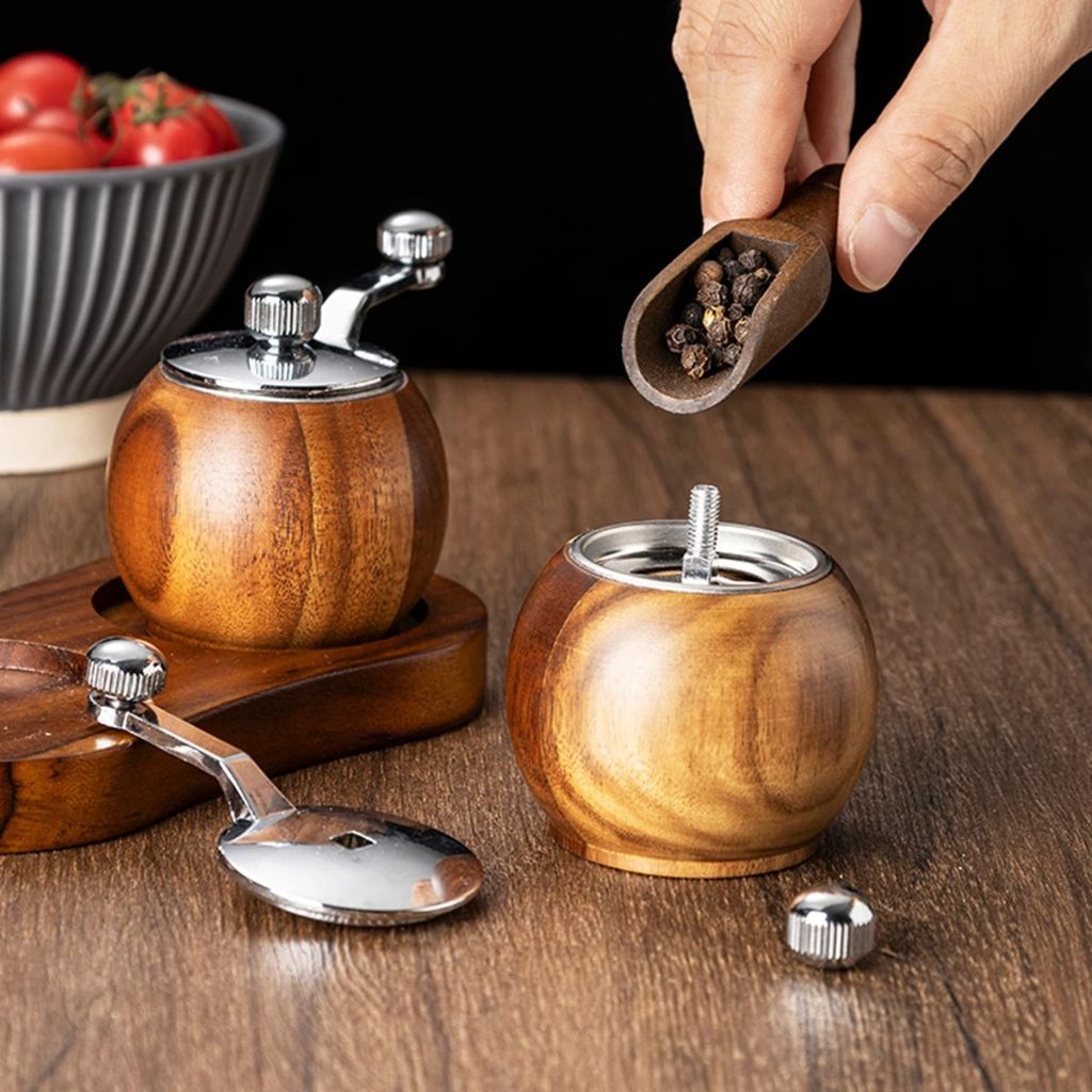 Peper- en Zoutmolen Set Hout met Bol-Maalwerk en Standaard voor Tafel Keuken Eetkamer Scandinavisch Design