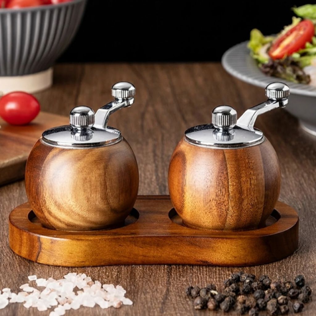 Peper- en Zoutmolen Set Hout met Bol-Maalwerk en Standaard voor Tafel Keuken Eetkamer Scandinavisch Design