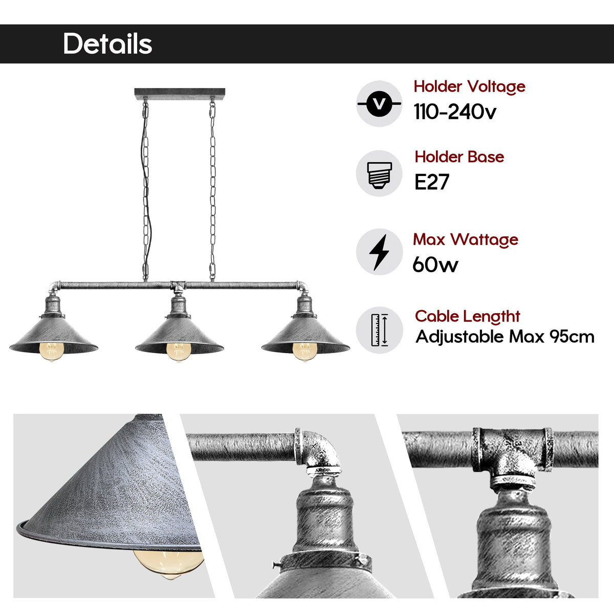 Plafondlamp Industrieel Steampunk Metaal Zwart 3-Lichts E27 Vintage Eetkamer Keuken