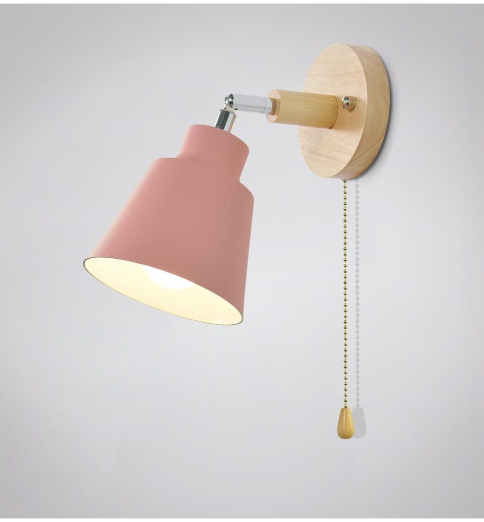 Verstelbare Wandlamp met Trekschakelaar Houten Basis Leeslicht Slaapkamer Nachtkastje Zwenkbaar 180°