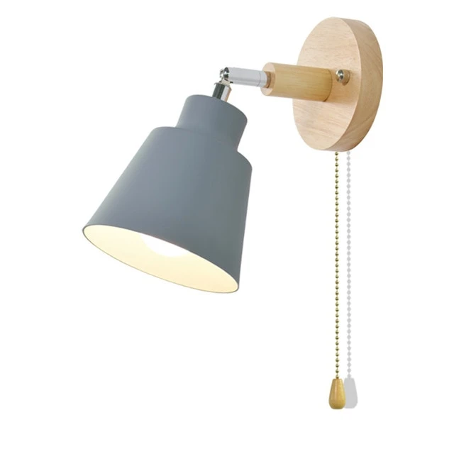 Verstelbare Wandlamp met Trekschakelaar Houten Basis Leeslicht Slaapkamer Nachtkastje Zwenkbaar 180°