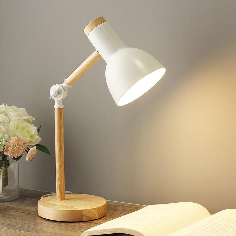 Scandinavische Bureau En Tafellamp Met Houten Voet En Verstelbare Metalen Kap Voor Werkplek En Nachtkastje