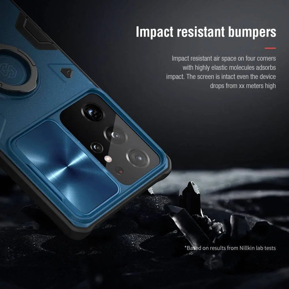 Telefoonhoesje Aluminium Ring Standaard Camera Bescherming Samsung Galaxy S21 Ultra Plus Zwart Groen Blauw