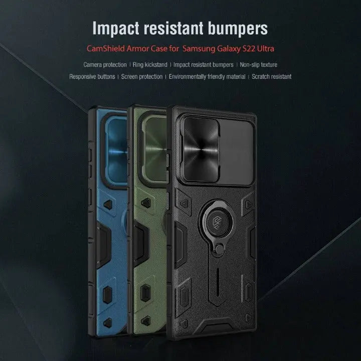 Aluminium Telefoonhoesje met Ringstandaard Camera Bescherming voor Galaxy S22 Ultra Zwart Blauw Groen Design