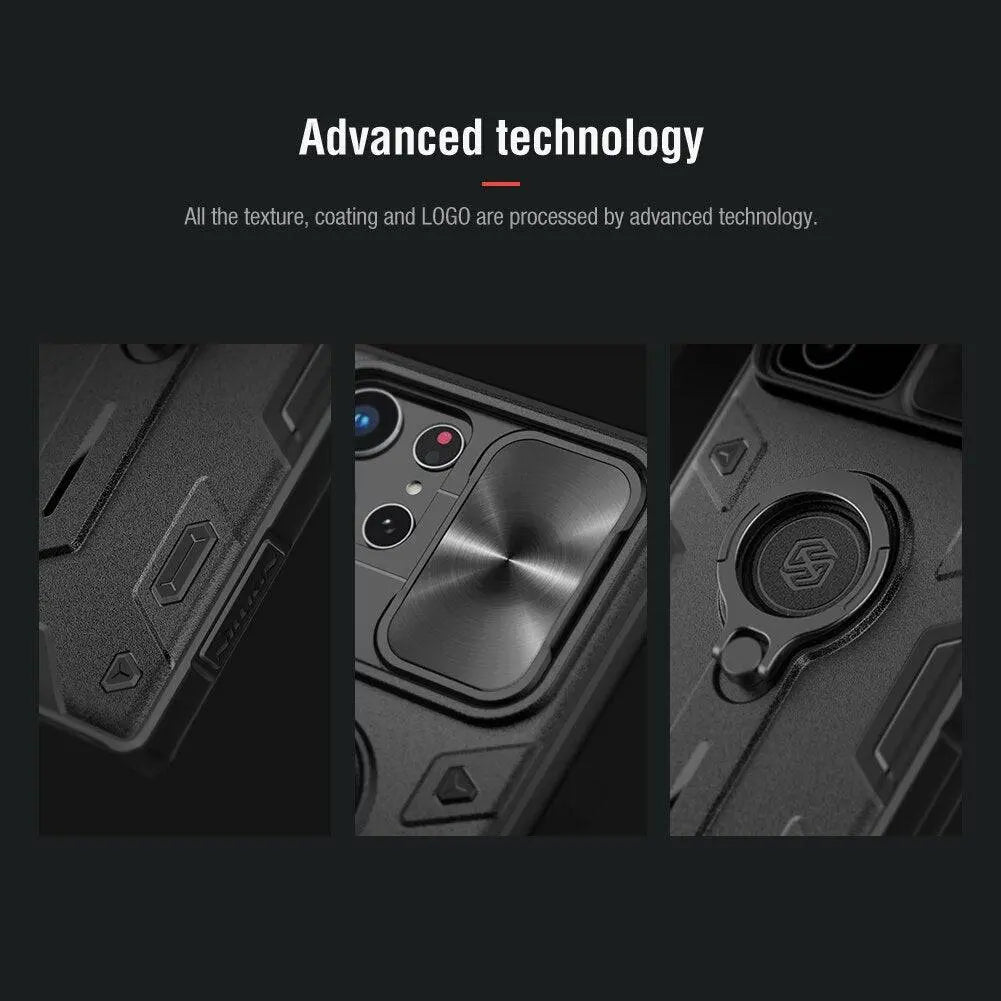 Aluminium Telefoonhoesje met Ringstandaard Camera Bescherming voor Galaxy S22 Ultra Zwart Blauw Groen Design