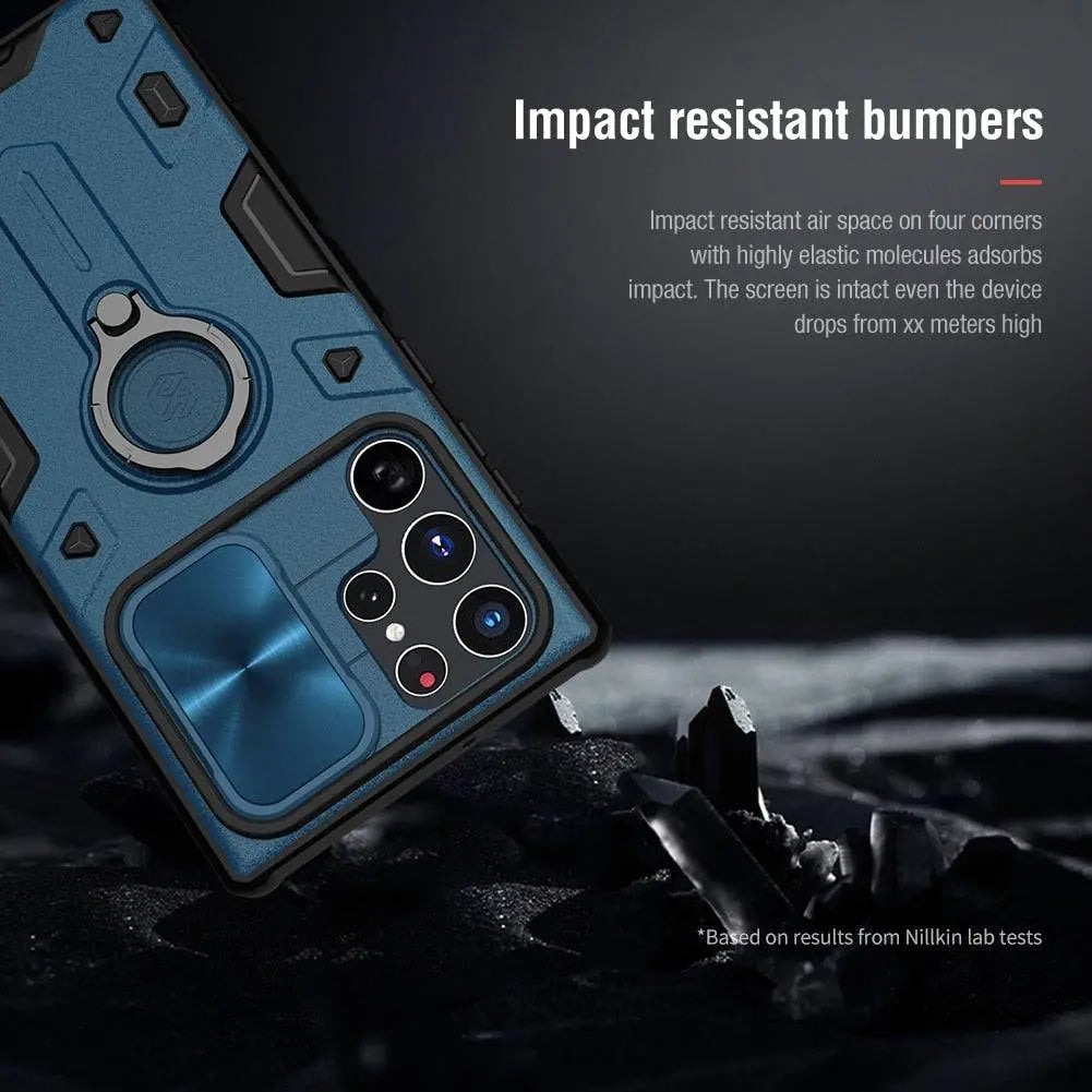 Aluminium Telefoonhoesje met Ringstandaard Camera Bescherming voor Galaxy S22 Ultra Zwart Blauw Groen Design