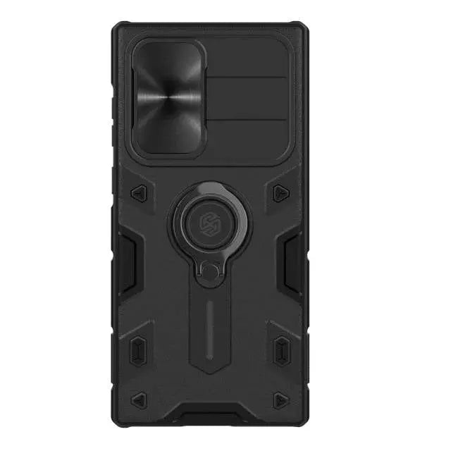 Aluminium Telefoonhoesje met Ringstandaard Camera Bescherming voor Galaxy S22 Ultra Zwart Blauw Groen Design