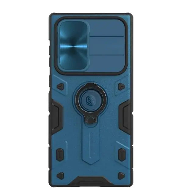 Aluminium Telefoonhoesje met Ringstandaard Camera Bescherming voor Galaxy S22 Ultra Zwart Blauw Groen Design