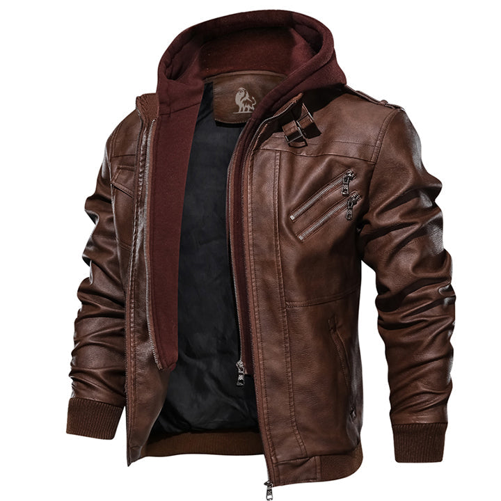 Leren Herenjack met Afneembare Capuchon Cognacbruin Premium Kunstleer Waterafstotend voor Herfst Winter