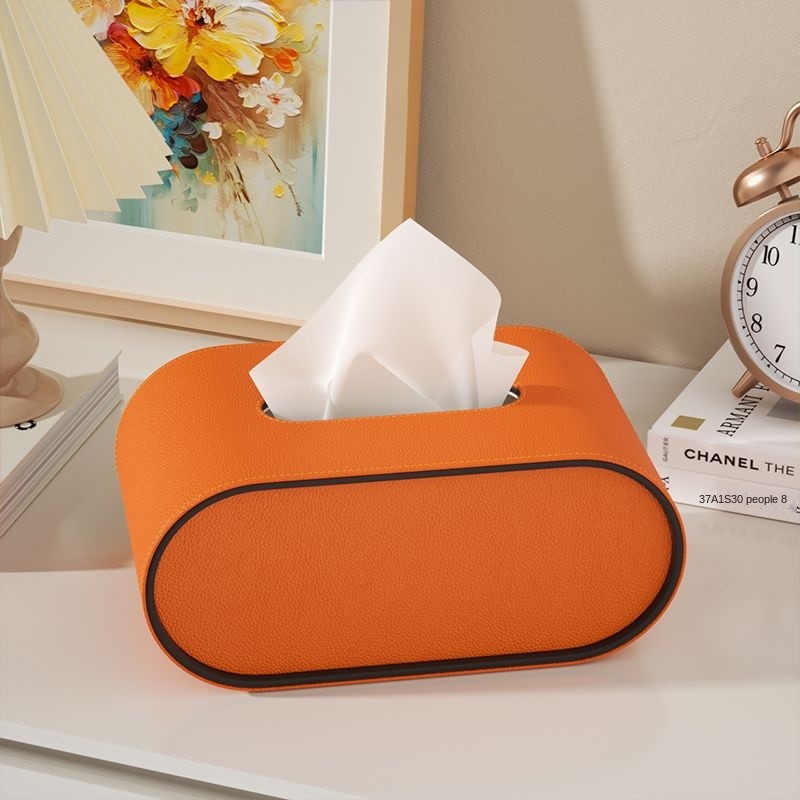Tissuebox Leer Ovaal 22x13x10cm Woonkamer Bureau Nachtkastje Luxe Tissuehouder Oranje Beige Grijs Decoratief Interieur